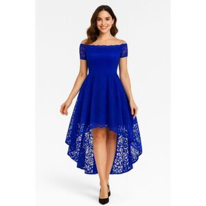 107 Royal Blue Off-Shoulder Lace High-Low Dress – Elegant Evening Party Dress